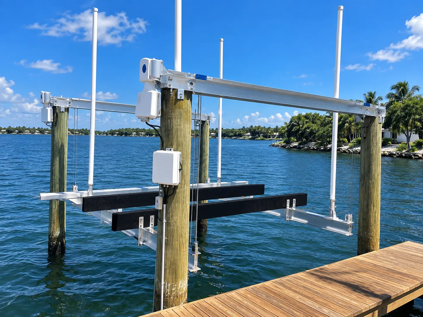 Modern boat lift system at a waterfront dock