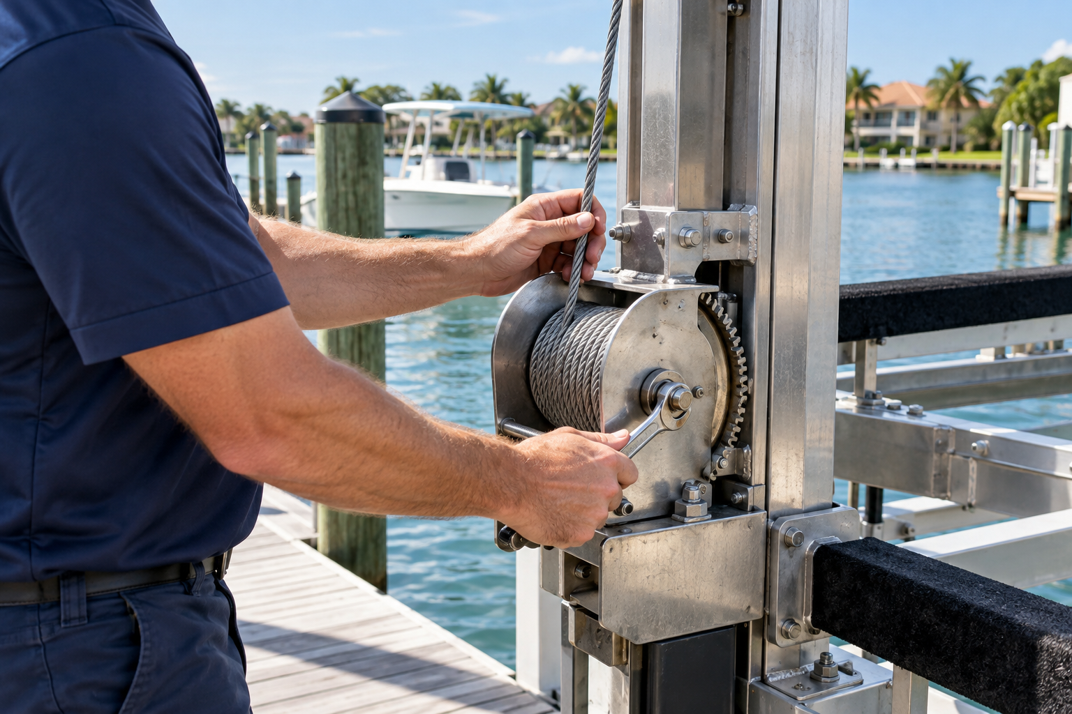 Technician servicing a boat lift winch and cable assembly